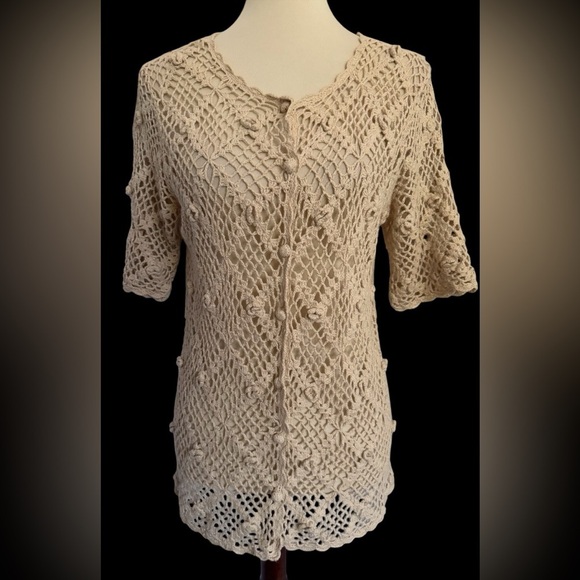 Handmade Crochet Knit Button Short Sleeve BOHO Cardigan Size Medium - Picture 2 of 13